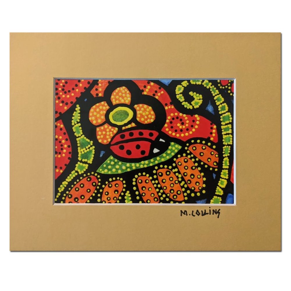 Colorful Abstract Art Print Matted Signed Ladybug Flowers